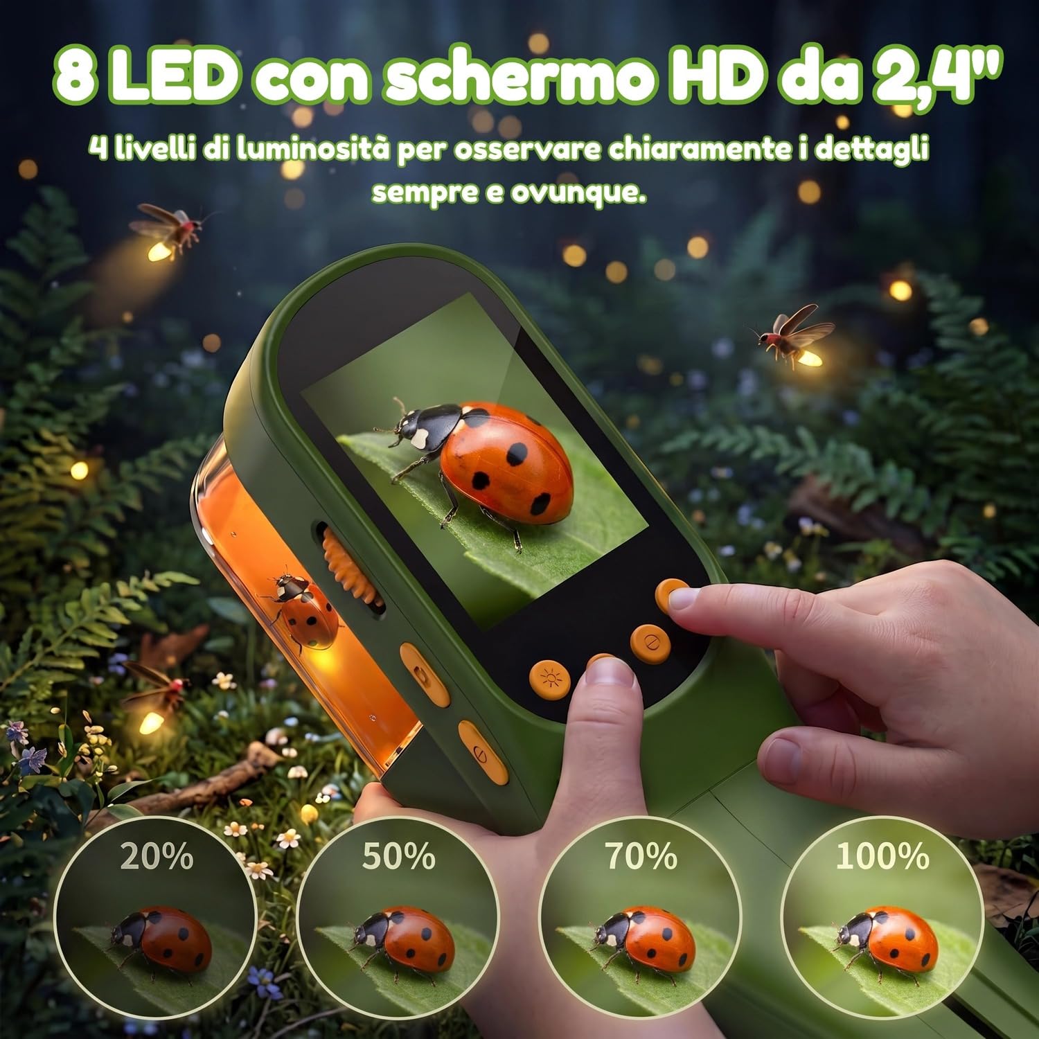 Cattura Insetti Bambini, Microscopio 500X IPS 2,4" 1080P STEM | 4 livelli di luminosità, batteria da 1000 mAh, foto e video, giocattolo di ricerca all'aperto, regalo per bambini dai 3 anni