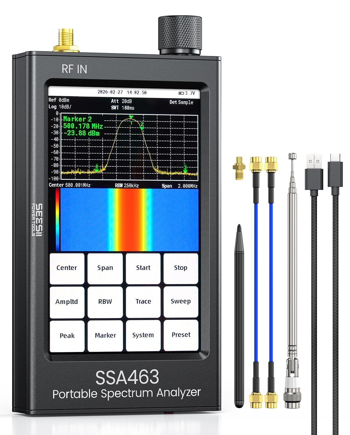 SeeSii SSA463 Portable Spectrum Analyzer: 4.3 Inch 35MHz-6.3GHz Tiny Frequency Analyzer with 30dB Precision Attenuator, 2-in-1 Signal Generator MF/HF/VHF UHF Input for Radio Signals Checking