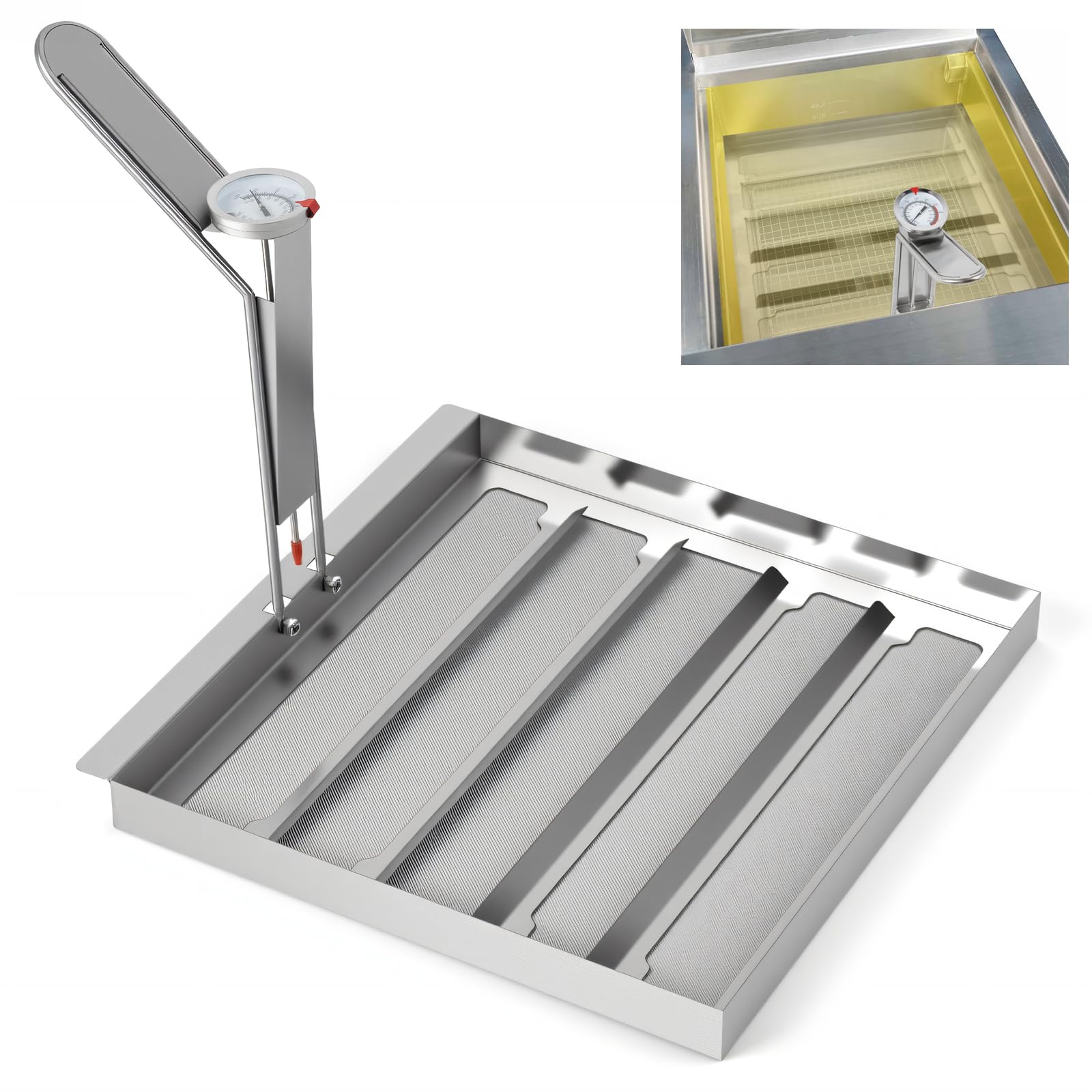 Commercial TK45 Deep Fryer Filter, 13.5" x 13.5" 304 Stainless Steel Filter Screen with Thermometer, Extend Oil Life by 40%, 550 Micron Skimmer Fryer Strainer for Kitchens & Restaurants