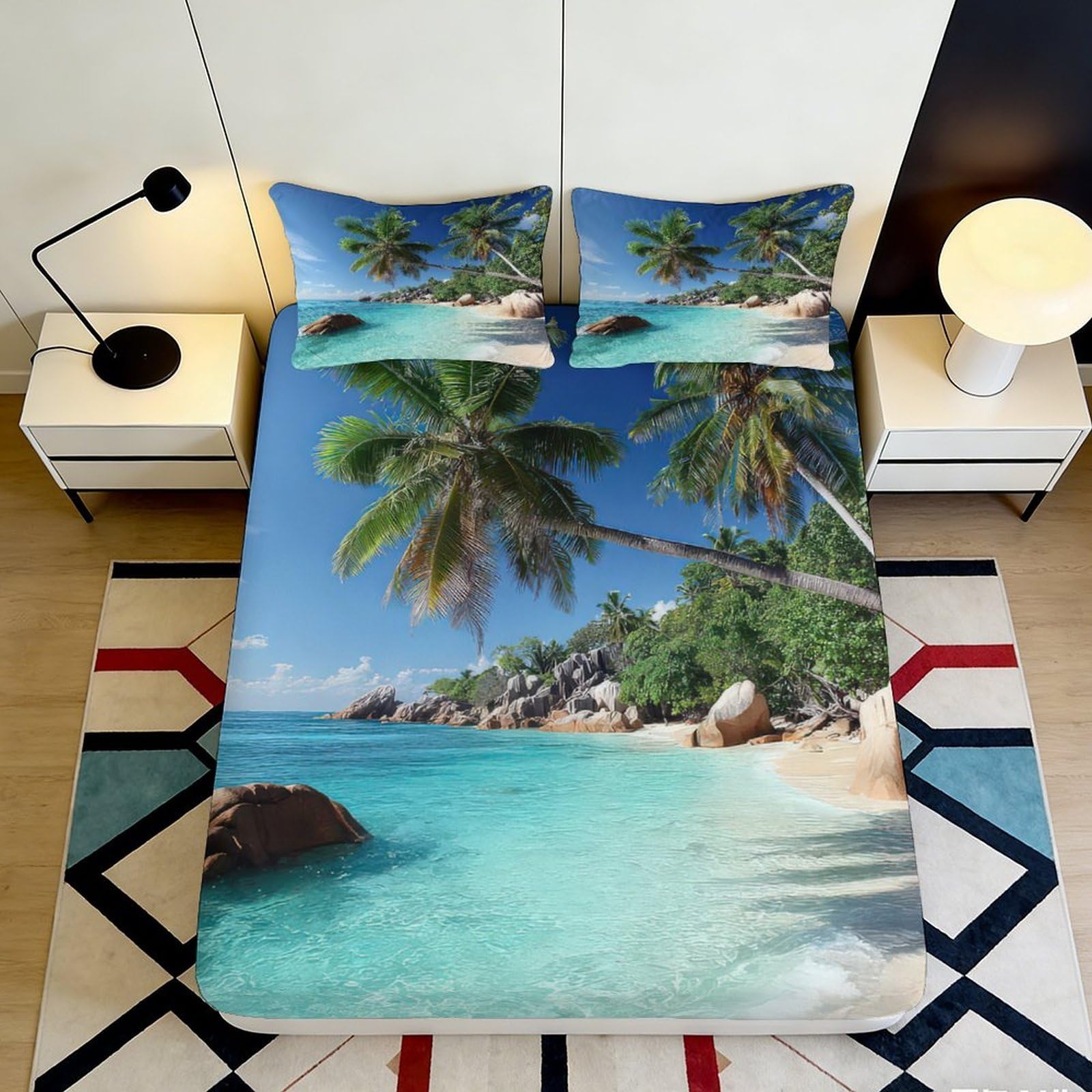 3D Printed Tropical Beach Fitted Sheet Microfiber Deep Pocket Bedroom Bedding Palm Island Mattress Fitted Cover Non-Slip Washable 120x200x25cm