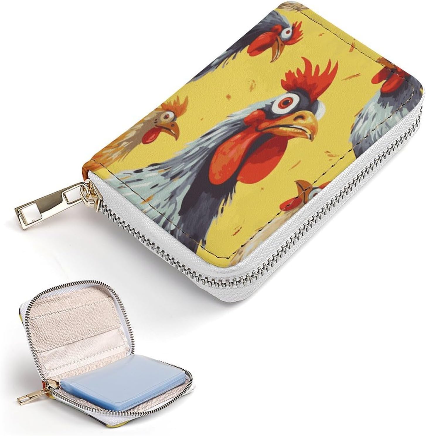 Leather Card Organizer Case Card Wallet Credit Card Holder Art Chicken Painting Printed Zipper Card Cases Holder for Women Men
