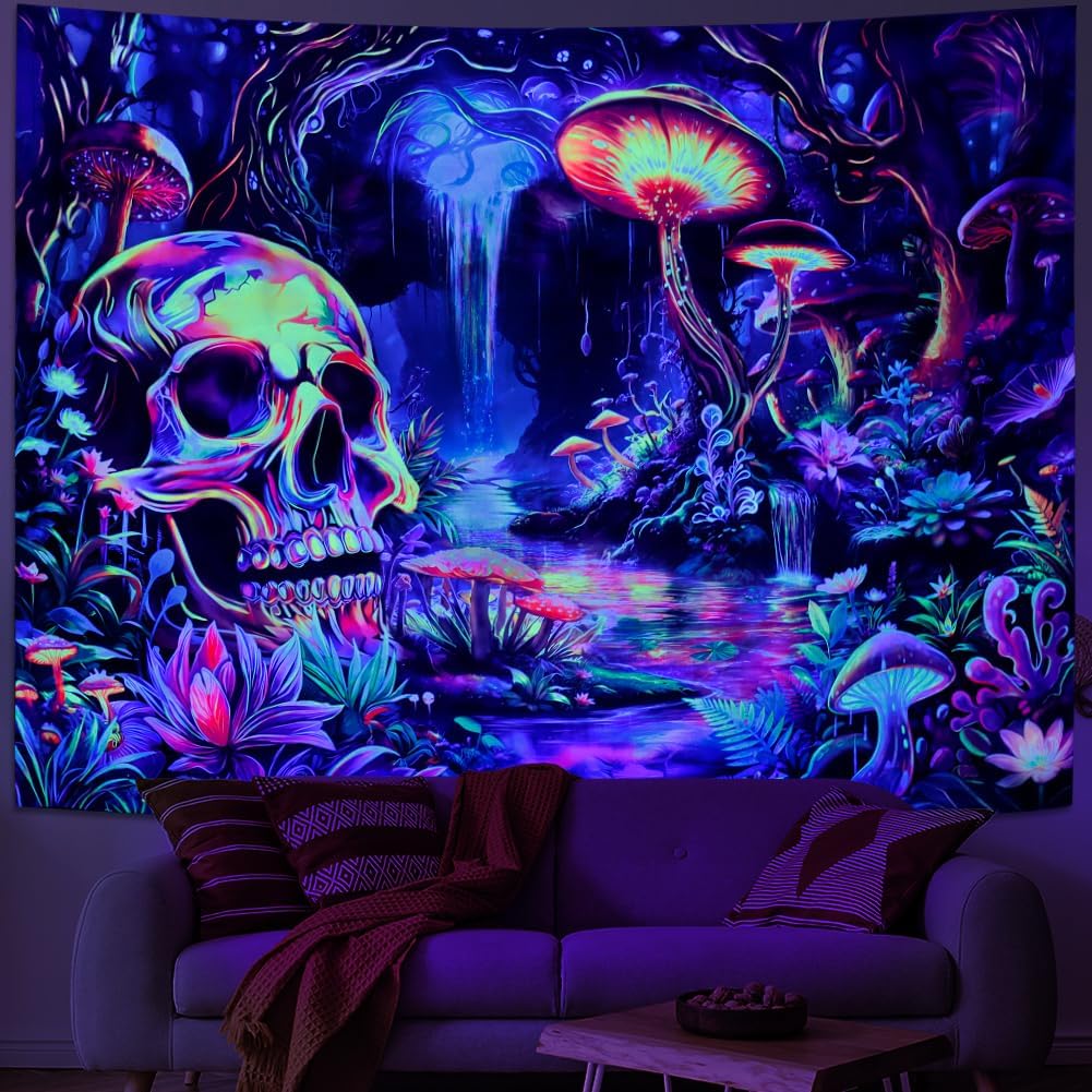 Yuiqear Blacklight Skull Tapestry UV Reactive Mushroom Wall Decor Fantasy Forest Tree Tapestries Black Light Waterfall Floral Tapestry Wall Hanging for Living Room