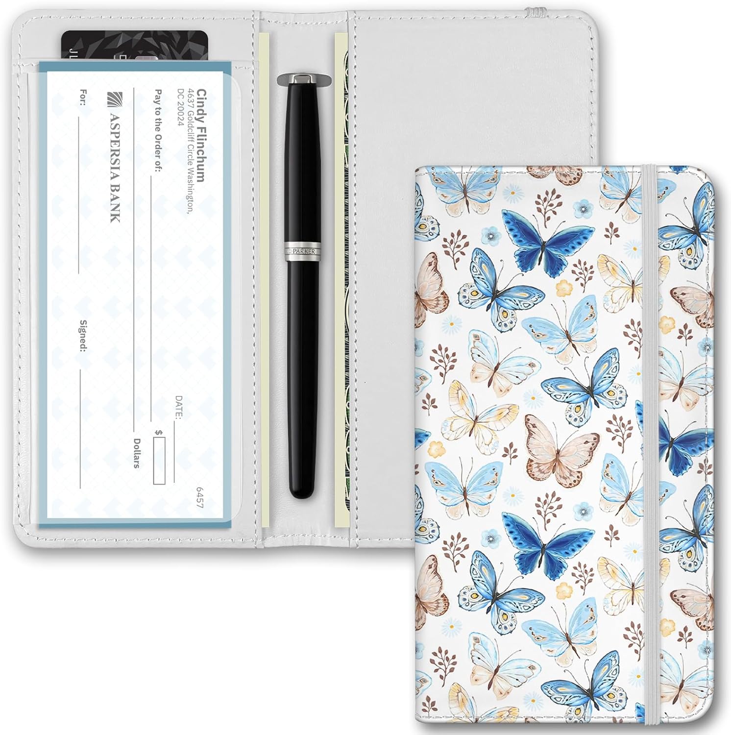Printed Checkbook Cover, Slim Durable, RFID Blocking Premium Leather Checkbook, Duplicate Checks for Women Men (Butterfly)