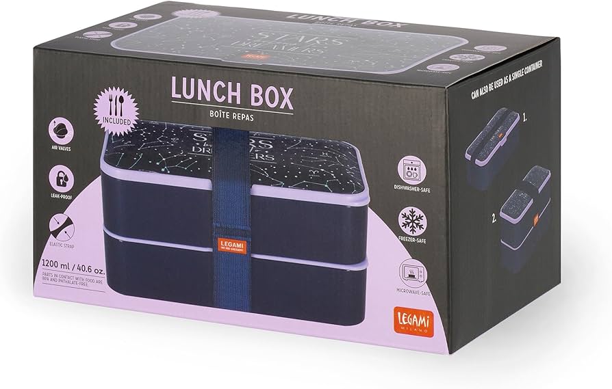 Legami - Lunchbox mit 3 Besteckn, Stars, Lunchbox, Fassungsvermögen 1200 ml, auslaufsicher, mikrowellengeeignet und spülmaschinenfest, ideal für Schule, Büro, Arbeit