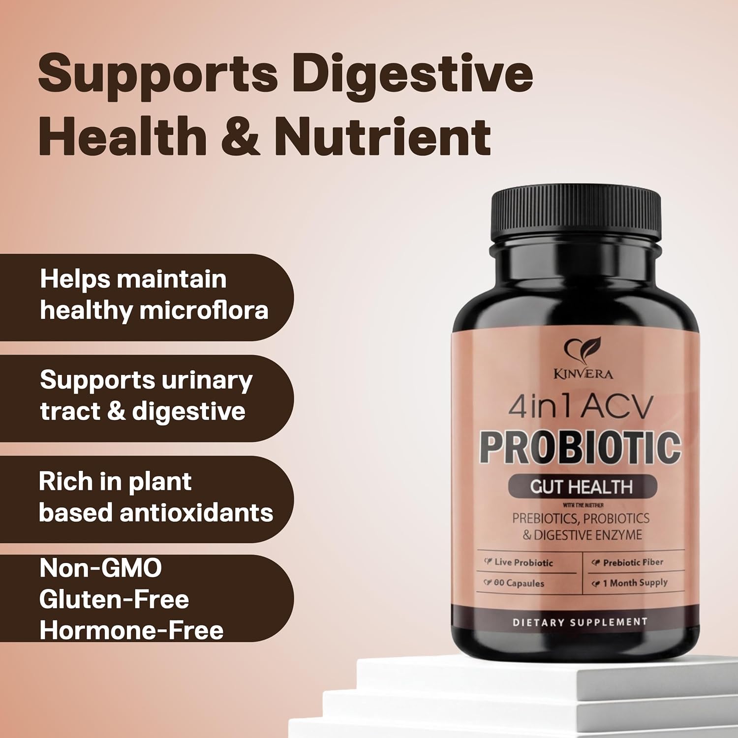 4-in-1 ACV Gut Formula – Apple Cider Vinegar, Prebiotics & Probiotics, Digestive Enzymes – Immune & Complete Digestion – 60 Veggie Capsules - Image 2