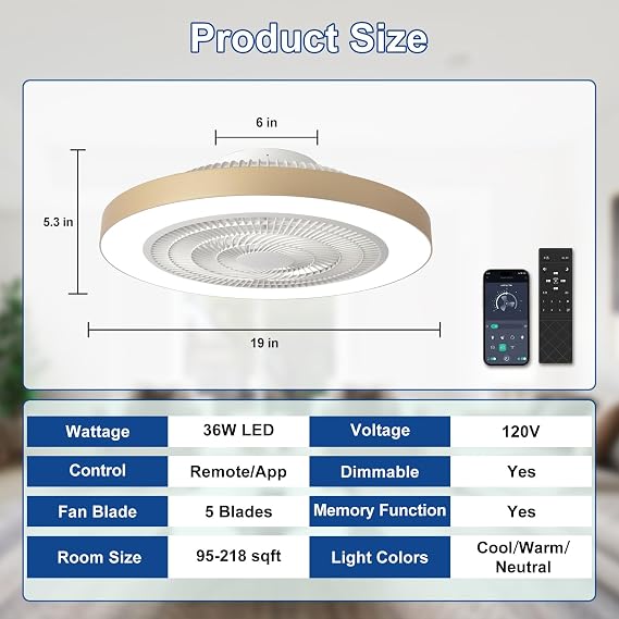 Depuley Flush Mount Ceiling Fan: 20 Inch Bedroom Modern Low Profile Led Ceiling Fans with Light - Smart APP and Remote Control Gold Bladeless Fandelier Dimmable Quiet DC Motor for Kitchen Lighting [Energy Class F]