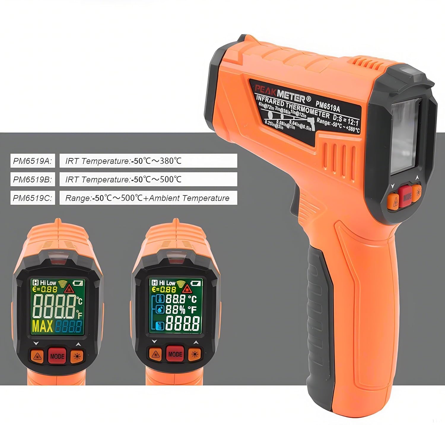 Infrared Thermometer PM6519 PM6519A/B/C Non-contact Pyrometer Industrial infrared Thermometers High Precision Laser Temperature Meter IR Thermometer Gun High Temperature Thermometer(PM6519A)