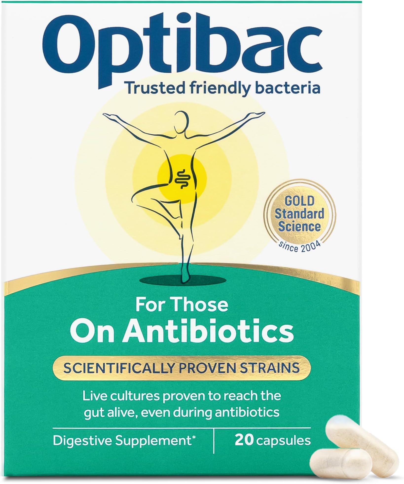 Optibac Probiotics for Those on Antibiotics - Vegan Digestive Probiotic Supplement - Lactobacillus Specifically Researched Alongside Antibiotics - Most Trusted & Recommended Brand - 20 Capsules