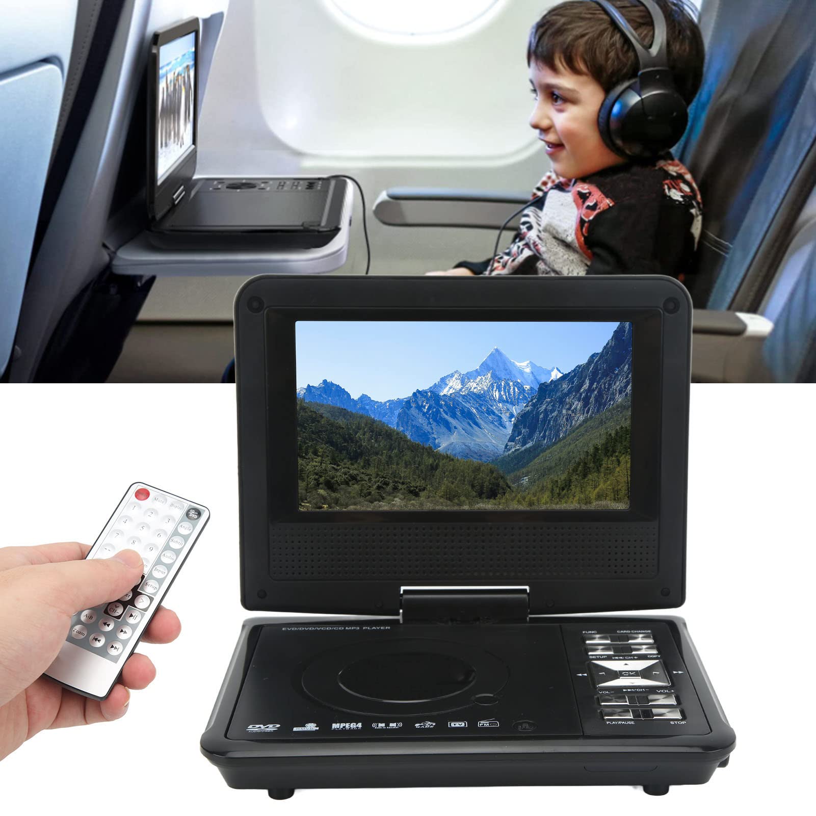 Reproductor de Video para Viajes en Automóvil, Reproductor de DVD Portátil con Batería Recargable de 110‑240V para Automóvil