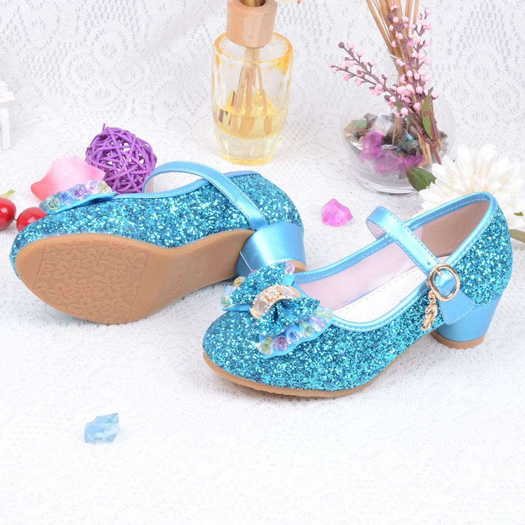 Baby Girl Sequin Bowknot Embellished Shoe Hook and Loop Splicing Metal Chain Sandal Thick Low Heel Princess Shoes