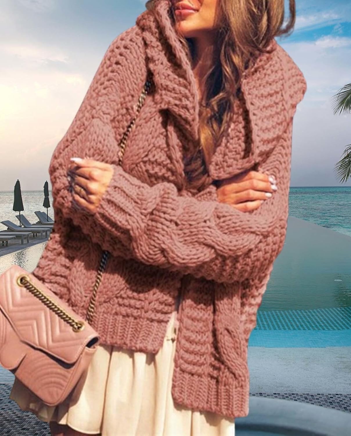 Womens Knit Jacket Long Sleeve Hooded Cardigan Solid Color Soft and Comfortable Knit Casual Jacket