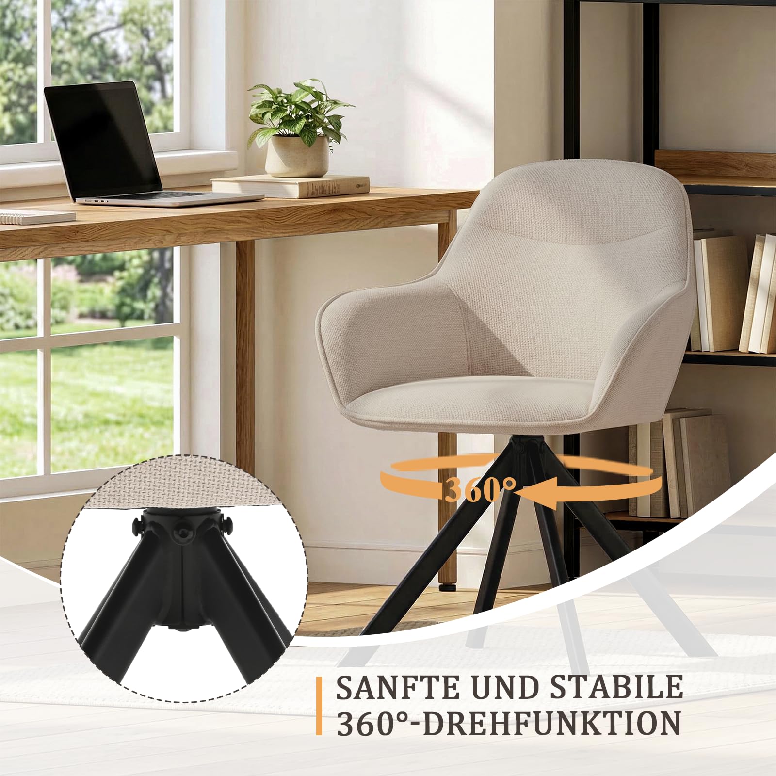 Lot de 6 Chaises Pivotante 360°, Chaises Beige Salle à Manger avec Accoudoirs, Chaises Fauteuil Rembourrées en Lin avec Pieds en Métal pour Cuisine Salon