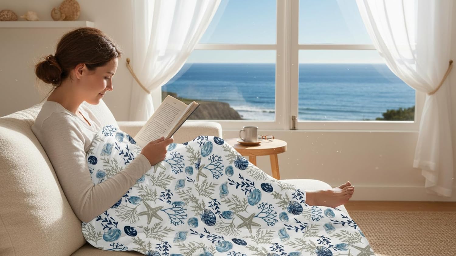 Coastal Ocean Beach Throw Blanket: Soft Plush Velvet Fleece Seashells Hues of Blue Grey on White Accent for Couch or Bed, Colored: Blue Gray Taupe White, 50" x 70"