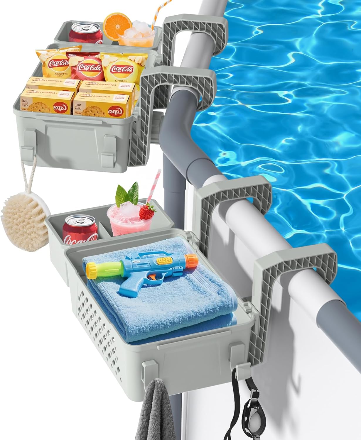 【2026 Upgrade】 2 Sets Poolside Storage Basket with Cup Holders, Above Ground Pool Accessories, Swimming Pool Storage Basket 3-in-1 Functionality, Fits 3 Inch or Less Top Rail (Grey, 2Pcs)