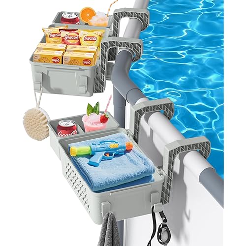 【2025 Upgrade】 2 Sets Poolside Storage Basket with Cup Holders, Above Ground Pool Accessories, Swimming Pool Storage Basket 3-in-1 Functionality, Fits 3 Inch or Less Top Rail (Grey, 2Pcs)
