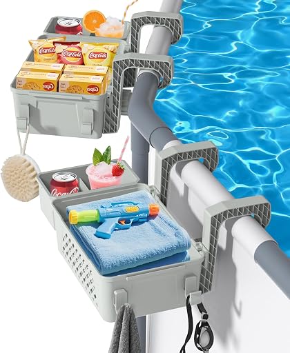 【2026 Upgrade】 2 Sets Poolside Storage Basket with Cup Holders, Above Ground Pool Accessories, Swimming Pool Storage Basket 3-in-1 Functionality, Fits 3 Inch or Less Top Rail ( Grey, 2Pcs )