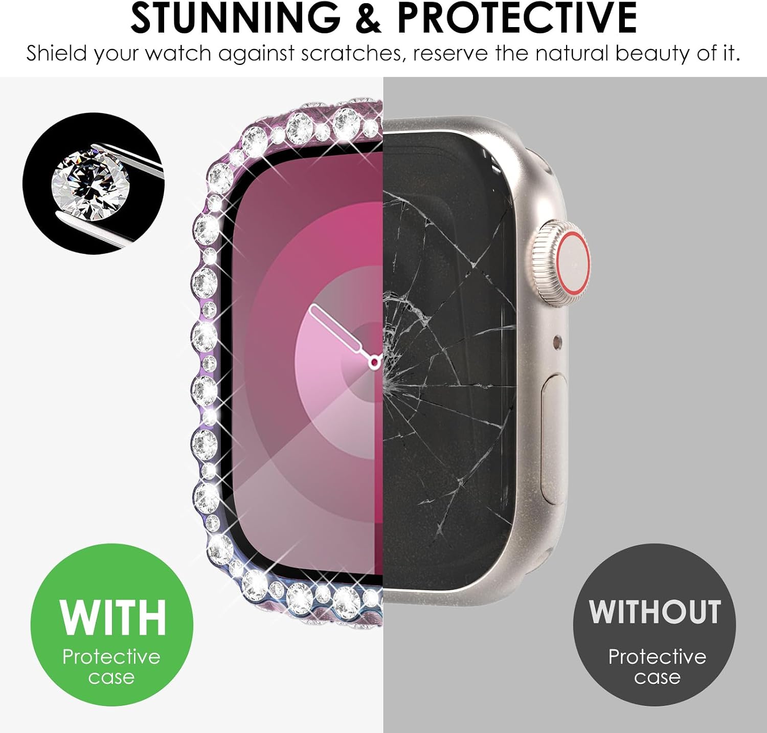 NewWays 2 in 1 Waterproof Bling Case 40mm for Apple Watch Screen Protector SE Series 6 5 4, Lace Full Glitter Diamond Rhinestone Bumper Face Cover for iWatch Women 40 mm, Iridescent