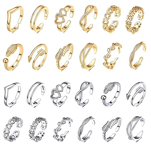24Pcs Adjustable Toe Rings Set for Women - Gold Silver Plated Open Knuckle Rings - Arrow Knot Star Moon Foot Ring Set for Beach and Various Parties