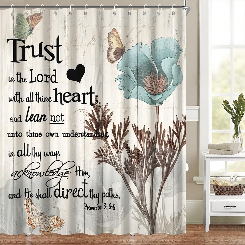 Bible Verse Shower Curtain Set Classic Inspirational Quote Butterfly Teal Blue Floral Bath Curtain Vintage Christian Scripture Bathroom Decor Washable Waterproof Polyester Fabric with Hooks 70x72 Inch
