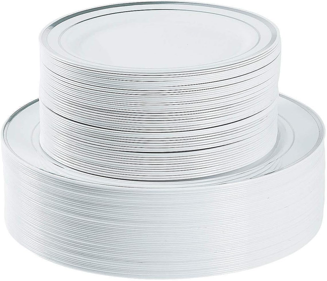 Fun Express Bulk 100 Count Premium White Plastic Plates with Silver Trim - 100 Pieces - Party Supplies - Disposable Tableware