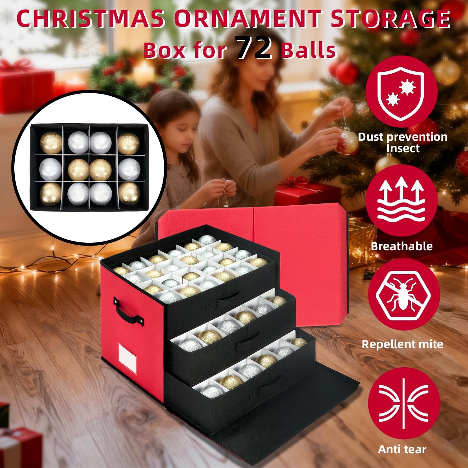 Christmas Ornament Storage Box With 3 Removable Trays for 72 Balls,RED
