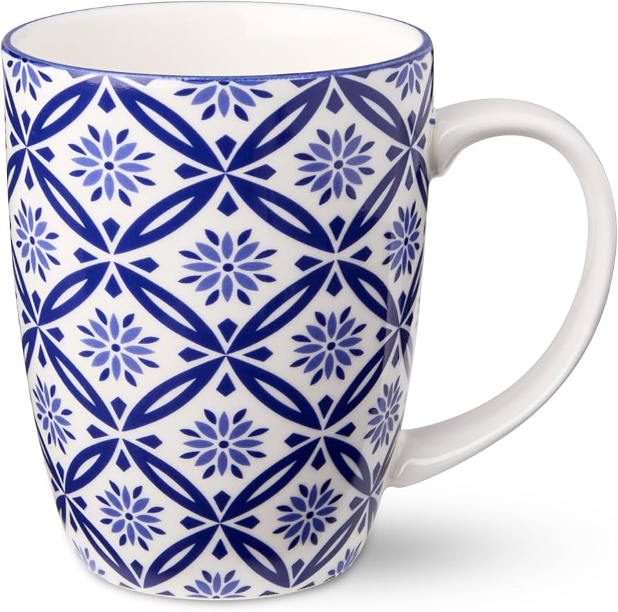 Amazon.com: Madison Set of 6 14 oz Premium Porcelain Mugs - Vibrant Blue  and White Patterns for Coffee, Tea, Lattes, and Hot Cocoa : Home & Kitchen