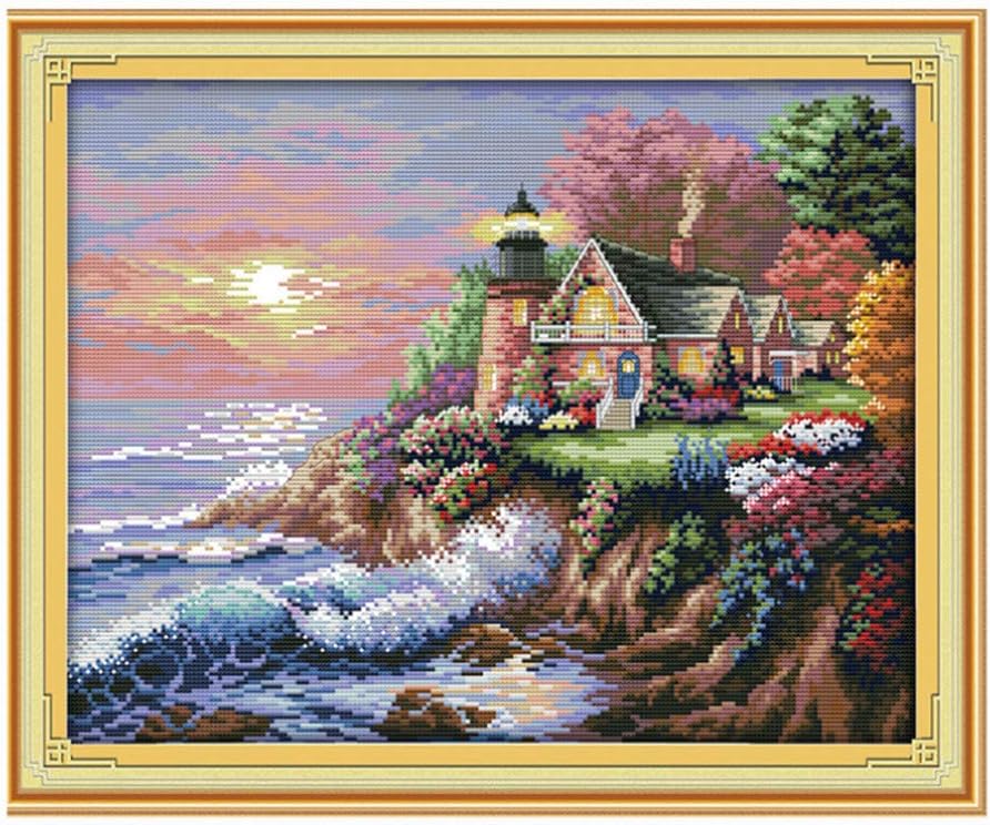 Proumhang 14 CT DIY Cross-Stitching Kits Embroidery Kits Needlework Beginner Cross Stitch 2 Strands White Embroidery Canvas 44cm x 36cm : The Seaside Lighthouse