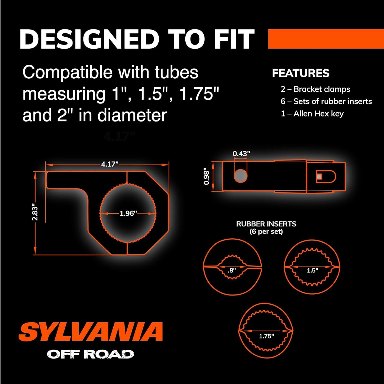 SYLVANIA Universal Bar Mount Bracket Clamp Kit for LED Lights and accesories, Fits Tubes Measuring 1", 1.5", 1.75" & 2" inch Diameter
