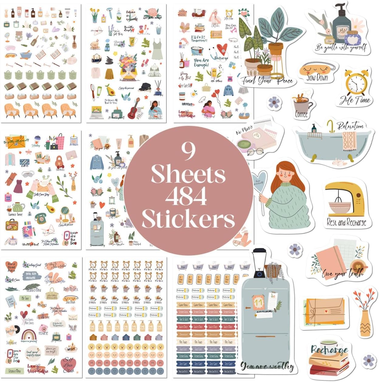 BIROYAL Daily Planners Rest is Self-Care Planner Sticker Pack - 9 Sheets / 480+ Stickers - Relaxation Themed Illustrations for Mental Health & Wellness - Journaling, Scrapbooking, Planning