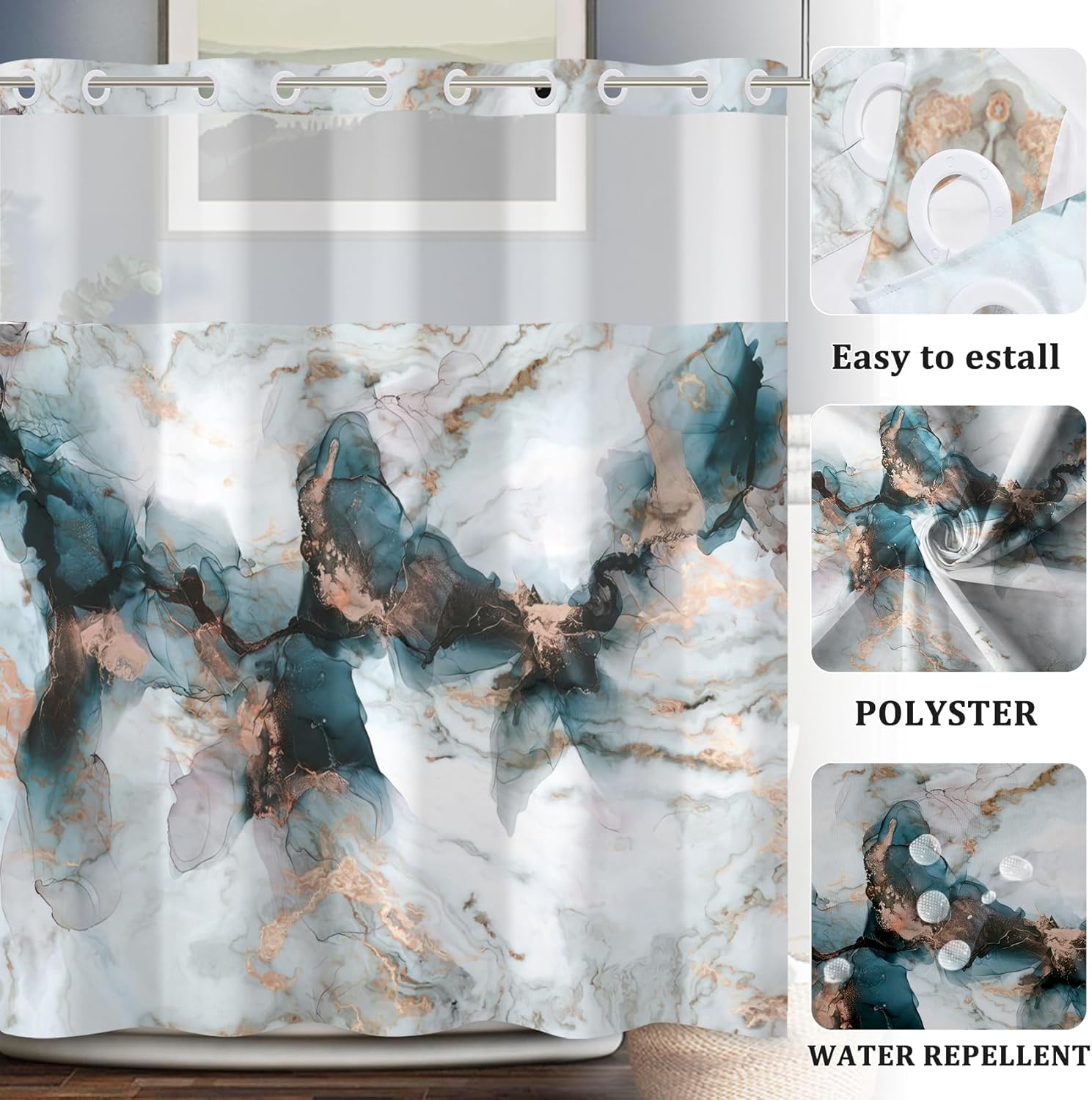 Baocicco No Hook Marble Shower Curtain with Snap-in Fabric Liner Set for Bathroom Green White Modern Double Layer Bathtubs Hotel Curtain Set Waterproof Fabric with See Through Top Window 71x74 Inch