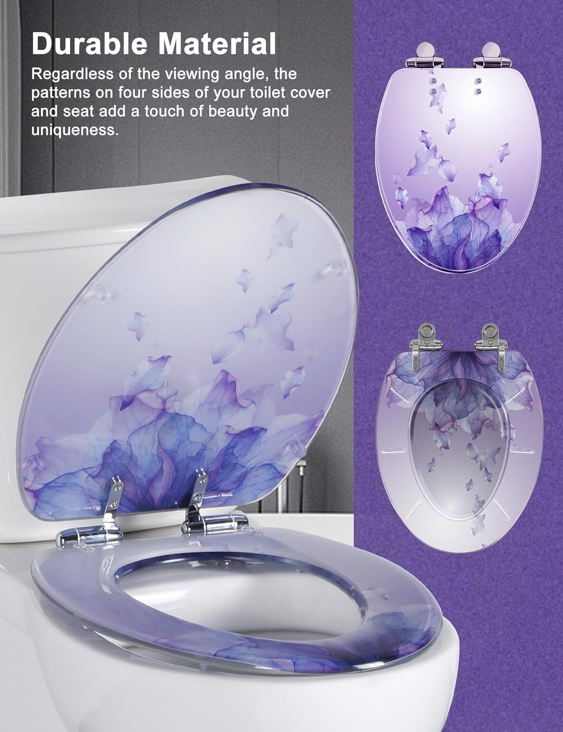 Elongated Resin Toilet Seat Purple Bathroom Decor, Slow Quiet-Close Lid and Seat Heavy Duty for Standard Toilets, Easy Installation & Cleaning (19 Inch,Purple Petals,Upgraded hinge)