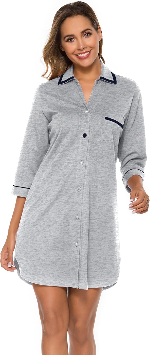 COLORFULLEAF Women's 100% Cotton Nightgowns 3/4 Sleeve V-Neck Sleep Shirt Soft Button Down Pajama Dress - Image 4