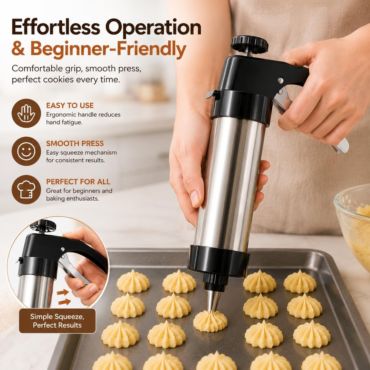 Stainless Steel Cookie Press Gun Kit with 13 Cookie Discs & 8 Icing Tips, Spritz Maker for Homemade Cookies, Biscuits, Churros, Cake Decorating and Holiday Baking Gift