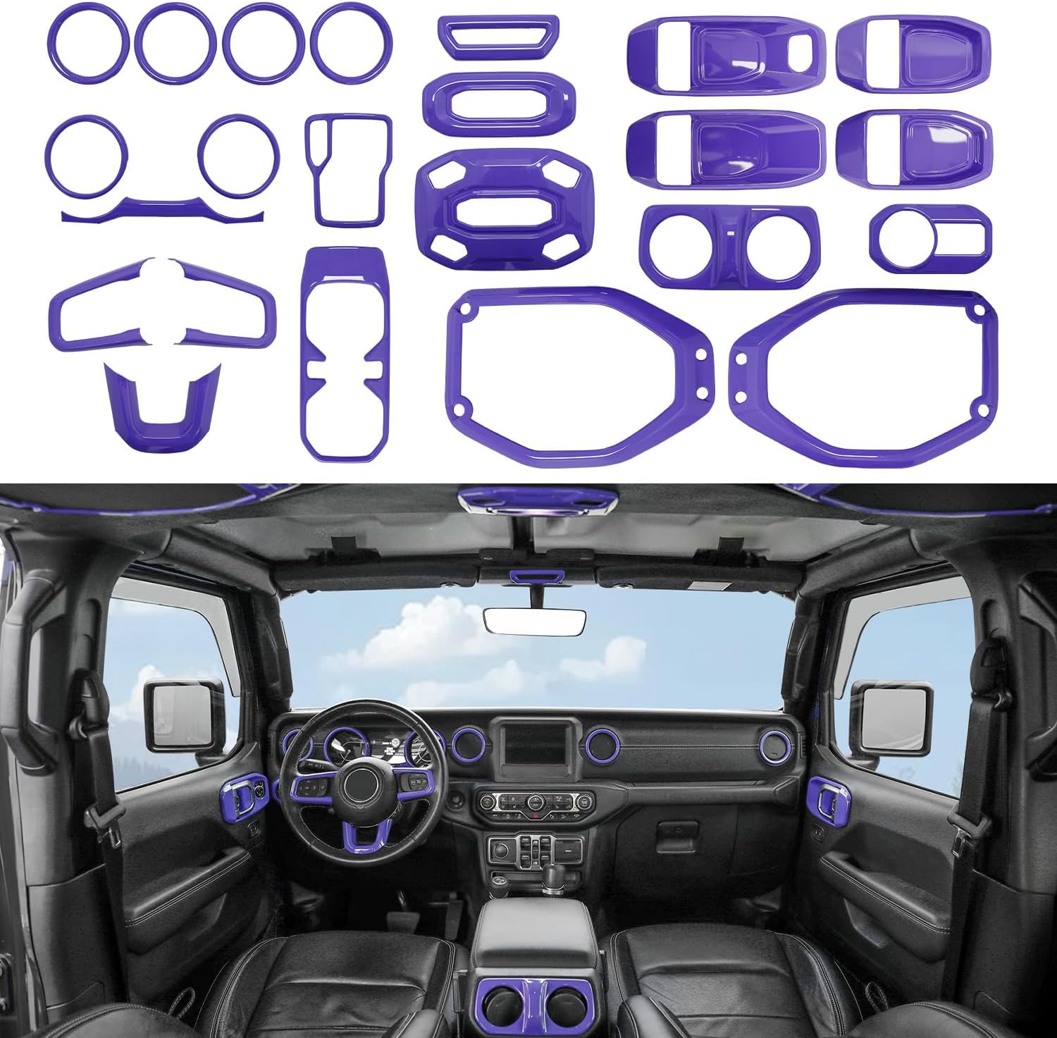 Barong for Jeep Wrangler JL JLU Gladiator JT 2018-2023 Accessories Interior Decoration Steering Wheel Gear Cup Holder Door Panel AC Air Vent Reading Light Cover 23PCS Full Set (Purple)