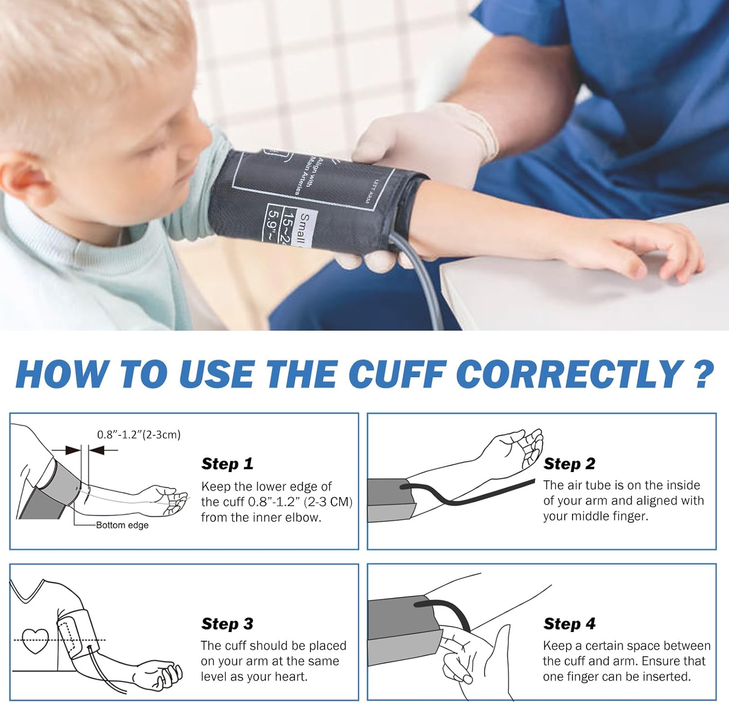 Diagram showing four steps for correctly using a blood pressure cuff on the arm
