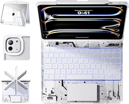 for iPad Pro 13 Inch Case with Keyboard, 360+180 Swivel Clear Case, iPad Pro 13 Keyboard M5 2025/M4 2024 with LCD Power Display, Pencil Holder, 7-Color Backlit, Multi-Touch Trackpad, Clear White