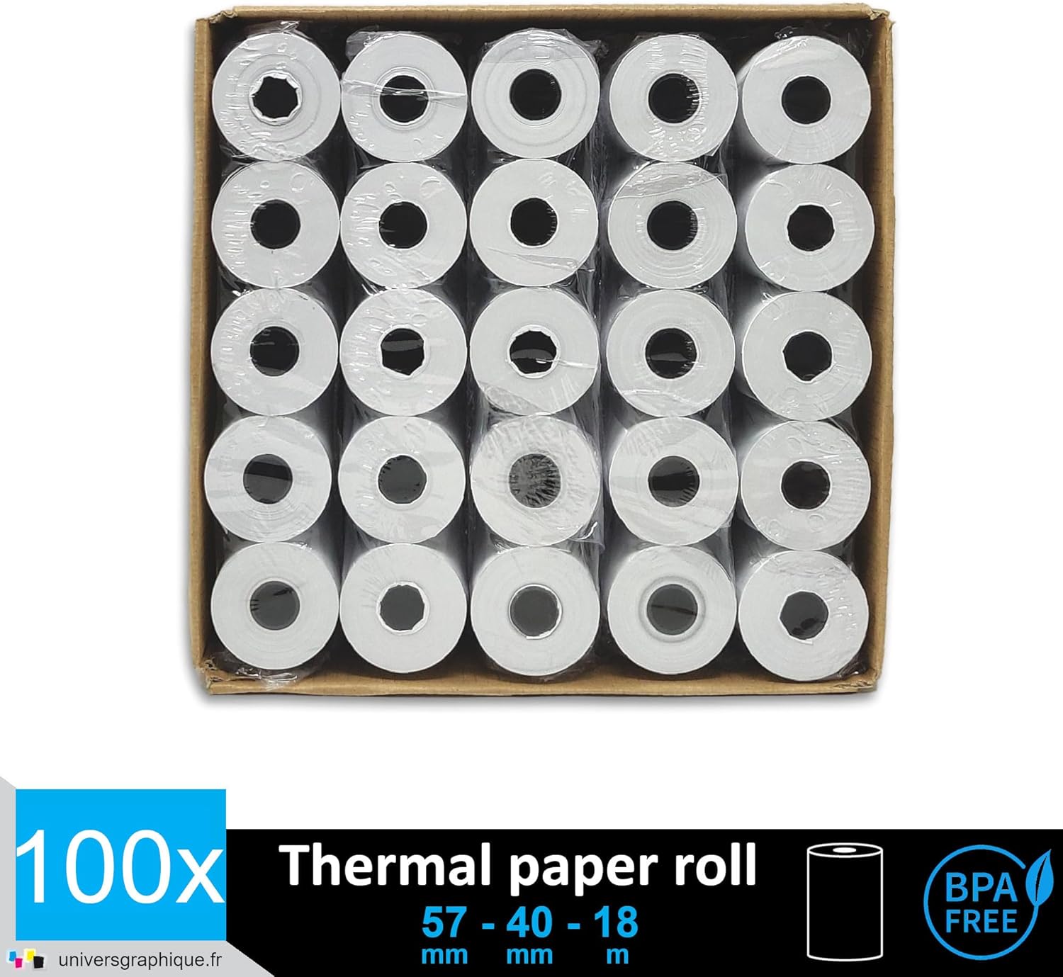 UniversGraphique, 100 Tills Rolls 57mm x 40mm Thermal Paper Receipt Printer White BPA Free