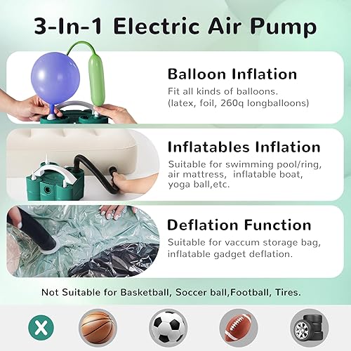 Miniatura 5 de GreatWhip Bomba de globo eléctrica 3 en 1 portátil para todos los globos e inflables, inflador de llenado rápido para flotadores de piscina, colchón