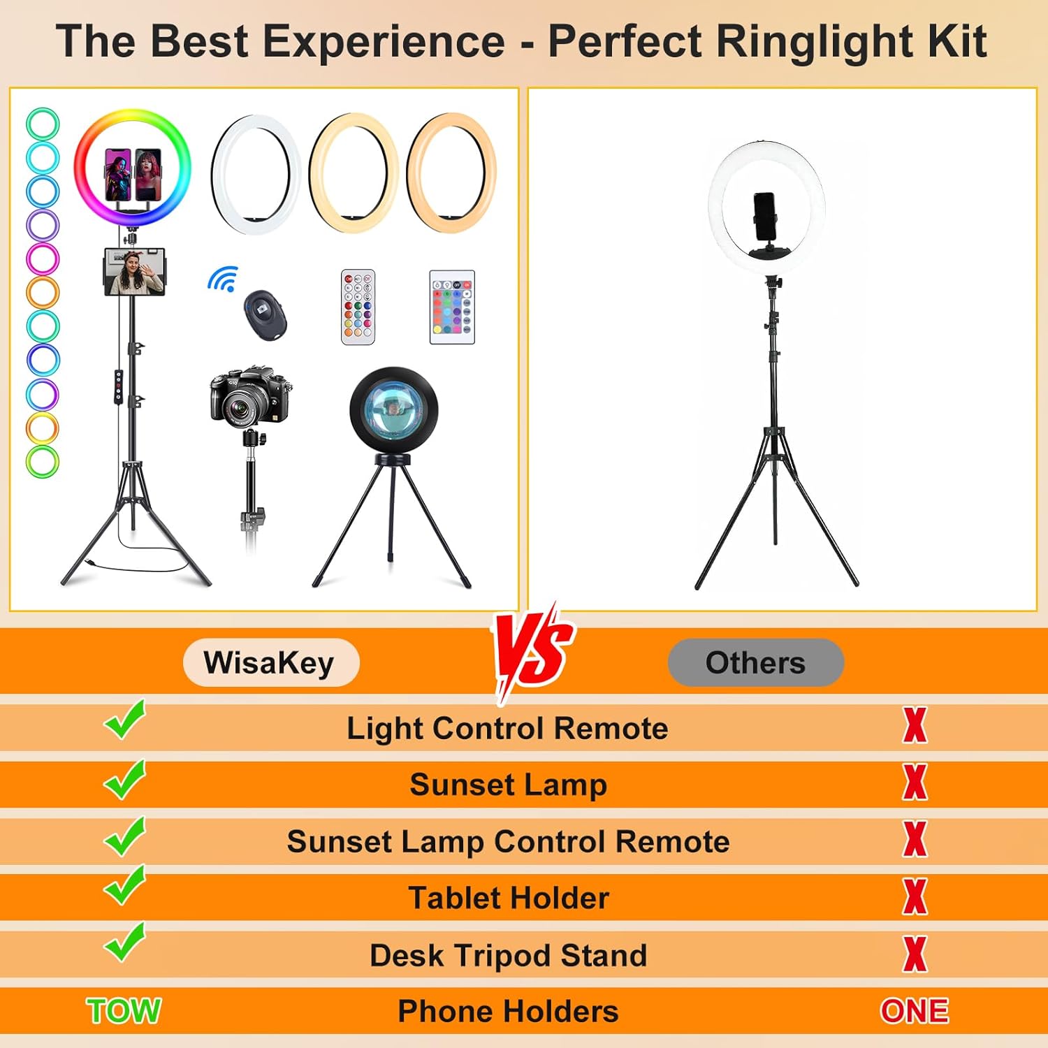 13" RGB Selfie Ring Light with Stand 76" Tall & 2 Phone Holders, Tablet Holder, Sunset Lamp & 51 Color Modes, Desk Tripod, 12 Dimming Levels Halo Light, LED Camera Ringlight for iPhone/TikTok/YouTube