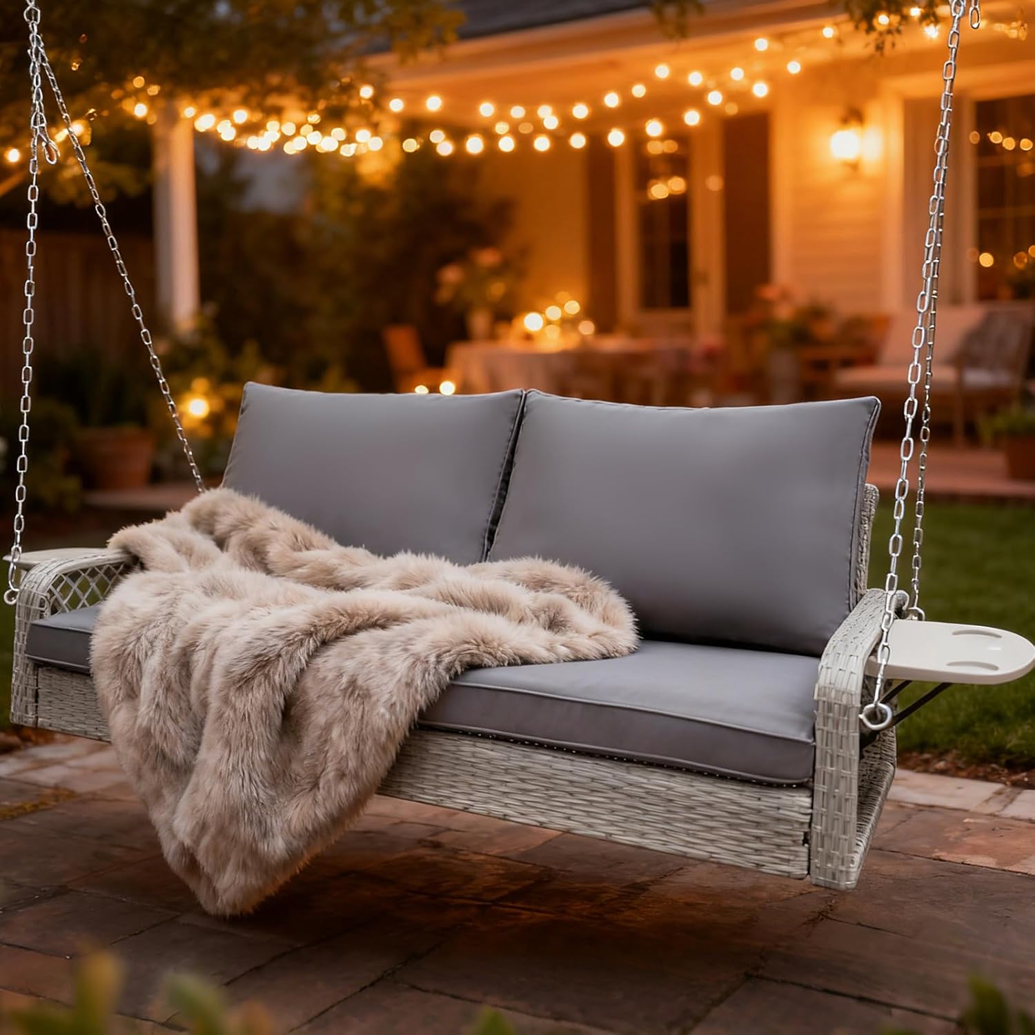 Wicker Porch Swing | 2 Seat Outdoor Porch Swing I 700lbs Heavy Duty Rattan Hanging Swing Bench with Full Seat Cushions & Upgraded Cup Holder for Backyard, Patio, Porch, Gazebo, Garden(Gray)