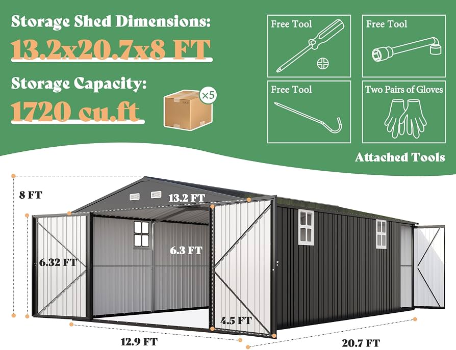 Jocisland 13.2x21x8 FT Outdoor Metal Garage Shed, Extra Large