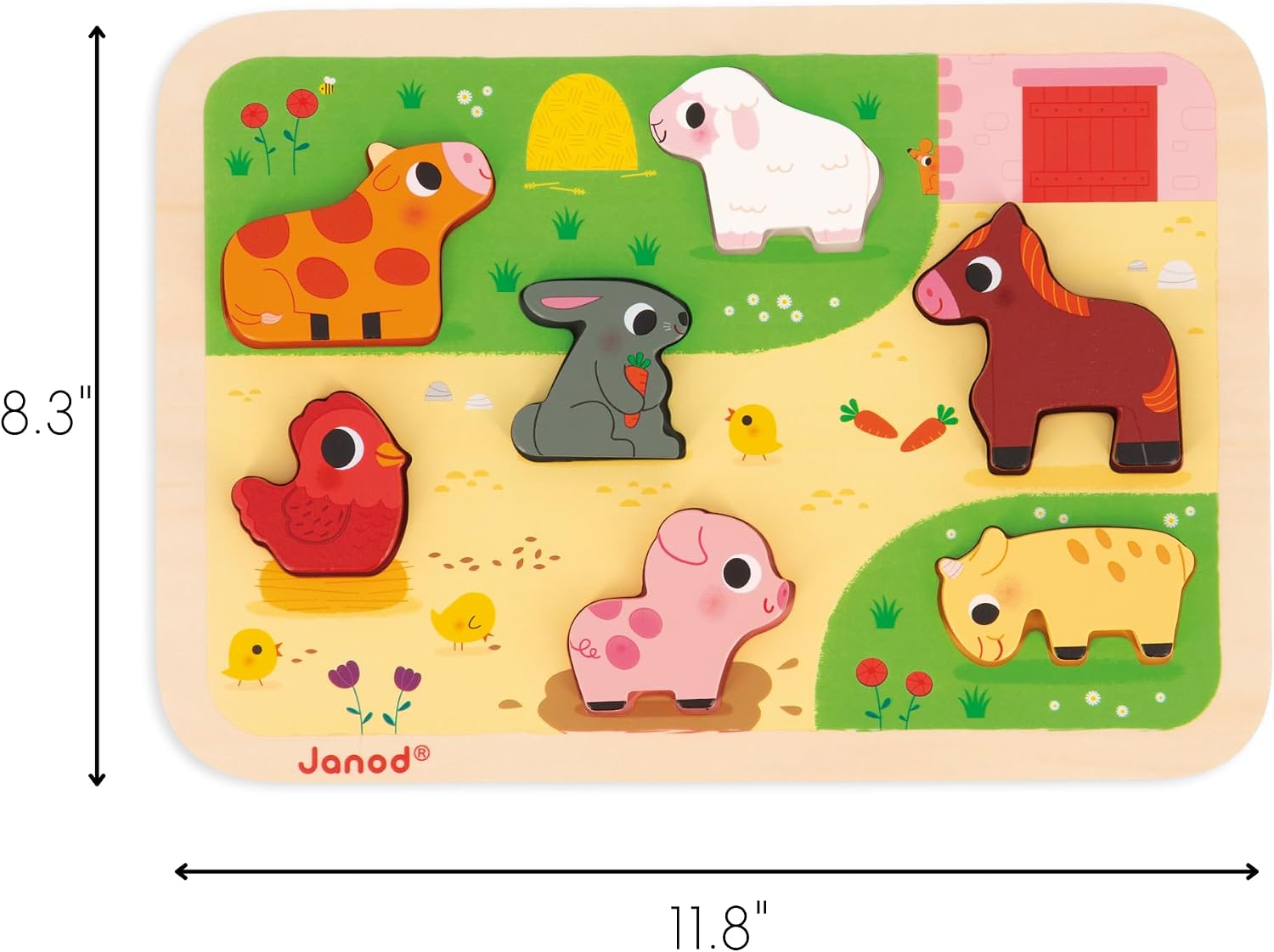 Janod Chunky Farm Wooden Puzzle with 7 Pieces – Educational Toddler Puzzle Toy with Farm Animals, Easy-Grip Wooden Figures for Fine Motor Skills, Learning & Imaginative Play, Ages 18 Months - J07121