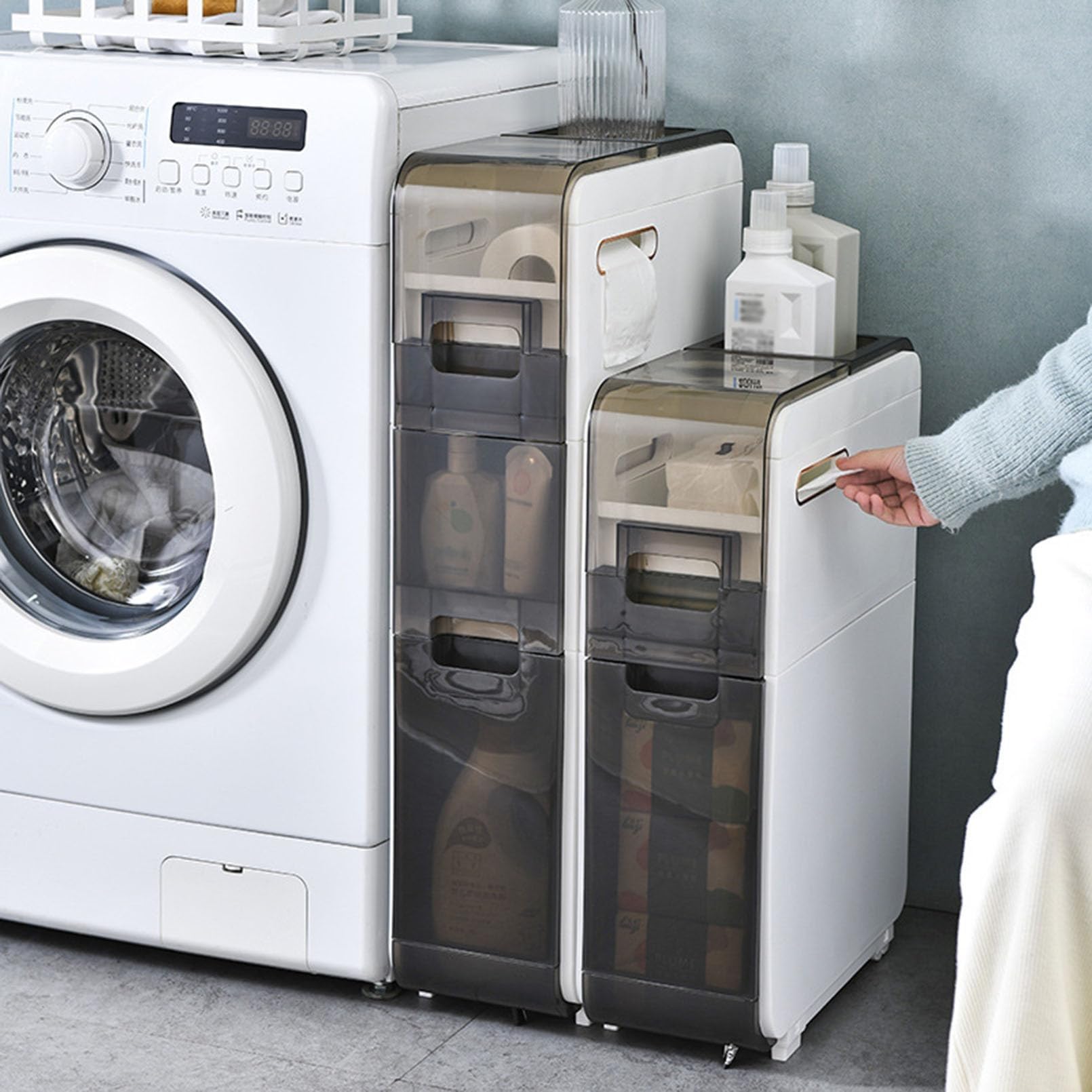 Armadietto da bagno sottile con porta carta igienica, 3 ripiani, per asciugamani e oggetti quotidiani, autoportante, salvaspazio, per uso domestico