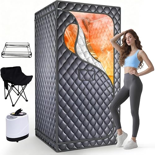 Portable Sauna for Home, Upgraded Personal Steam Sauna Box with 3L 1300W Steamer, Folding Chair, Extra Large Size Foldable Home Sauna 3’X 3’X 5.9’, Full Body Sauna Tent for Relaxation Spa, Gray