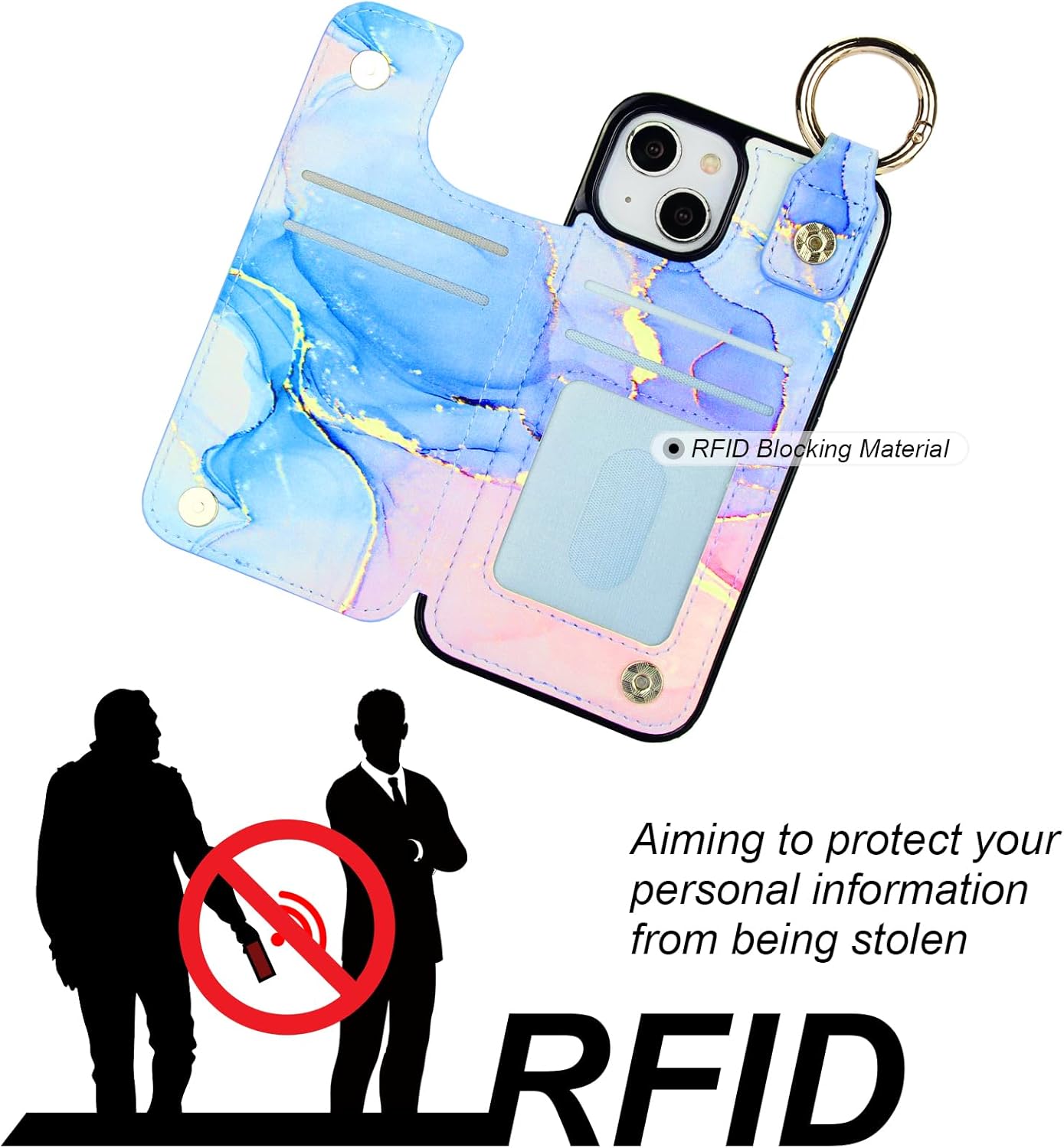 HAOPINSH for iPhone 13 iPhone 14 Wallet Case with Card Holder, Pink Blue Marble Print Back Flip Folio PU Leather Kickstand Card Slots Case, Finger Grip Ring Double Magnetic Clasp Shockproof 6.1"