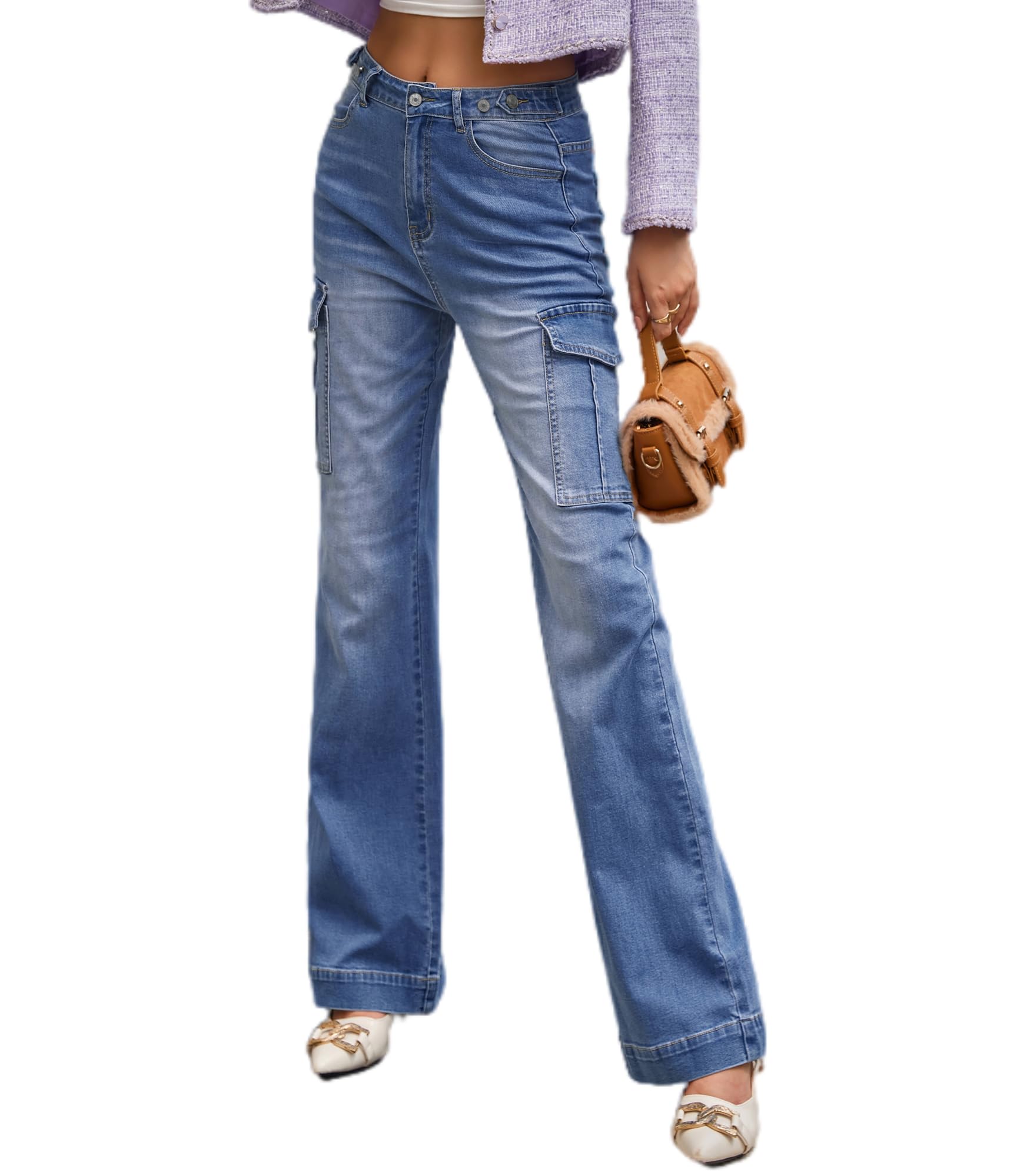 ZMPSIISAWomens Flare Bootcut Jeans High Waisted Y2K Bell Bottom Denim Jean Wide Leg Cargo Pants