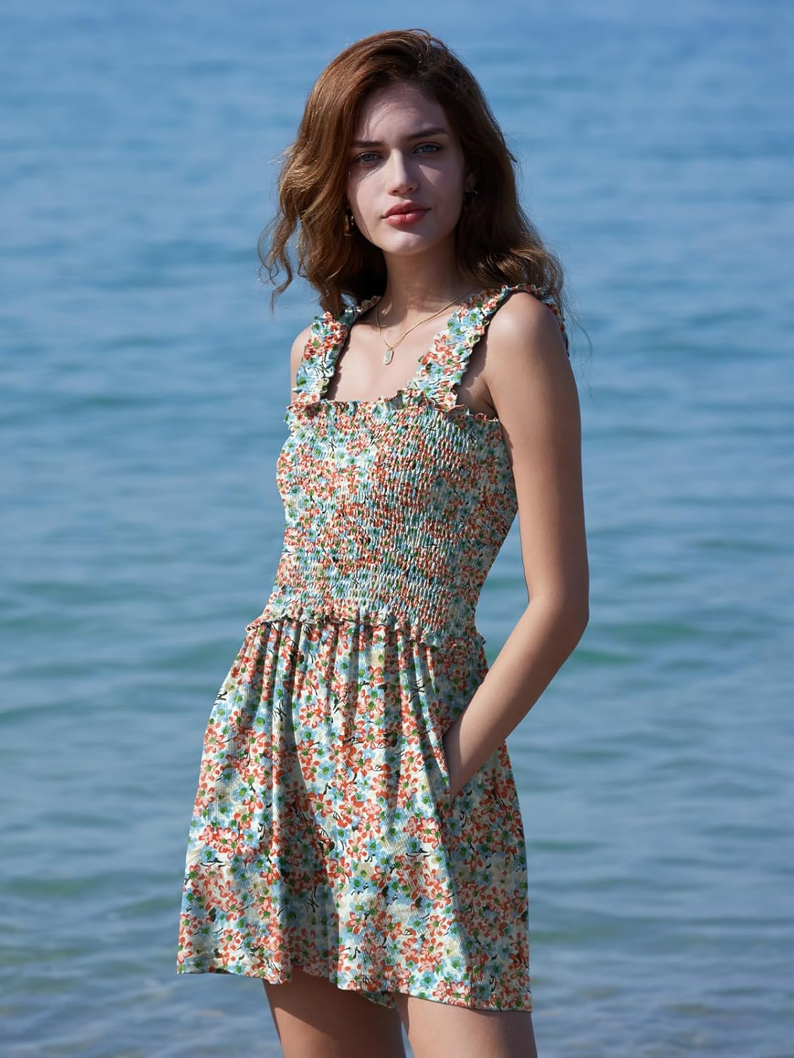 DEEP SELF Women Summer Sleeveless Romper Square Collar Ruffle Straps Flowy Short Jumpsuit with Pockets - Image 4