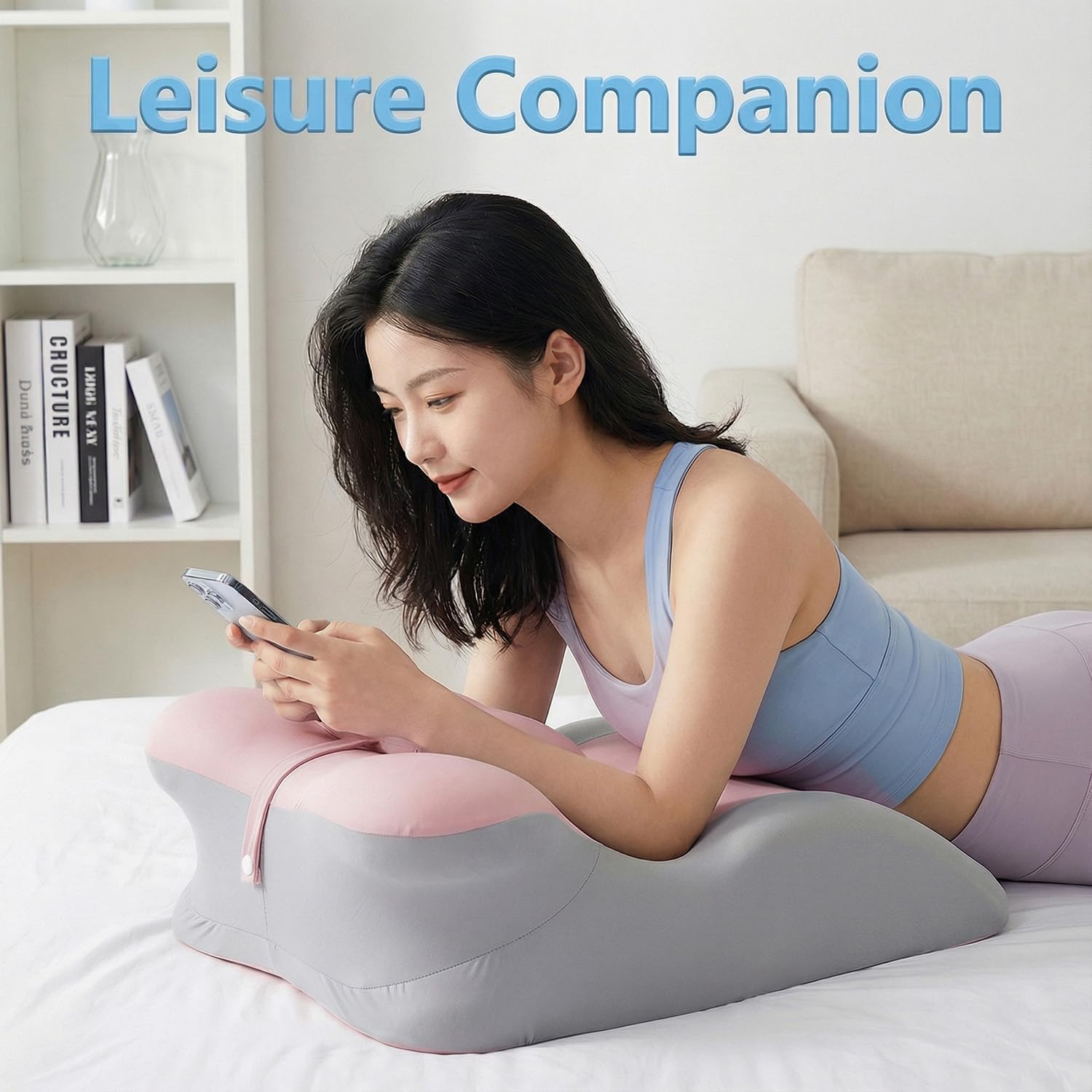 Memory Foam Ergonomic Wedge Pillow, Prone Pillow for Sleeping, Reading Pillow for Bed, Ergonomic Support for Back Pain, Acid Reflux & Sitting Up, Ideal for Massage, with Removable Cover (Pink-Gray)