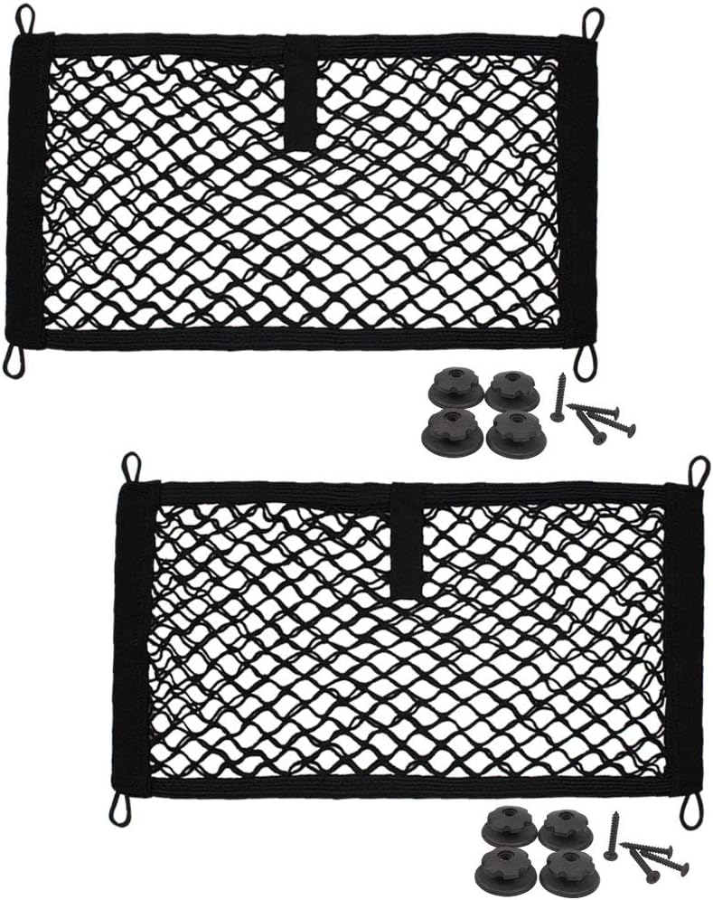 [2 Pack], JAVOedge Storage Stretchable Mesh Pocket Net for Car, Trunk, RV, Boats, Home with 8 PCS Mounting Screws and Built-in Hooks