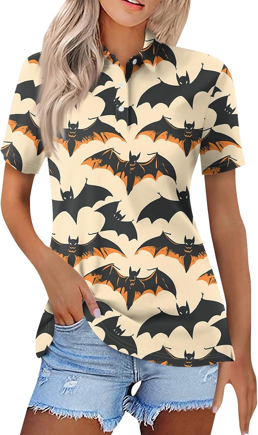 Women's Halloween Polo Shirts, Short Sleeve Funny Graphic Family Costume Tops, S-3XL